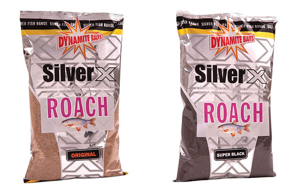 This is a picture of the Dynamite baits Silver X Roach (Original) and Roach (Super Black) Groundbaits