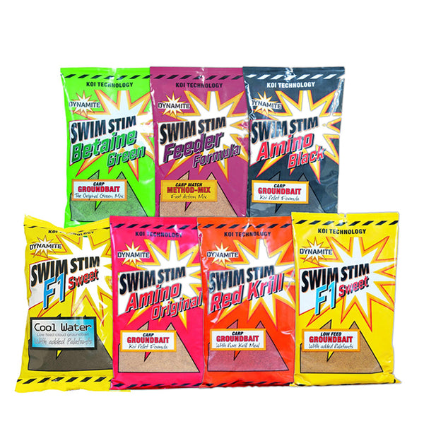 This is the picture of the range of Dynamite baits swim stim range of ground baits. Amino original, Amino Black, F1 sweet, F1 sweet Cool water, Betaine Green, Red Krill and Method Mix. Seven different flavours.