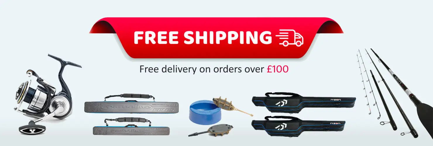 A free shipping banner displaying an offer for free shipping when one spends over £100. This includes everything from fishing tackle to fishing bait.