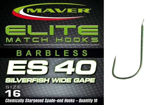 MAVER ELITE MATCH ES40 SILVERFISH WIDE GAPE (Barbless Spade End)