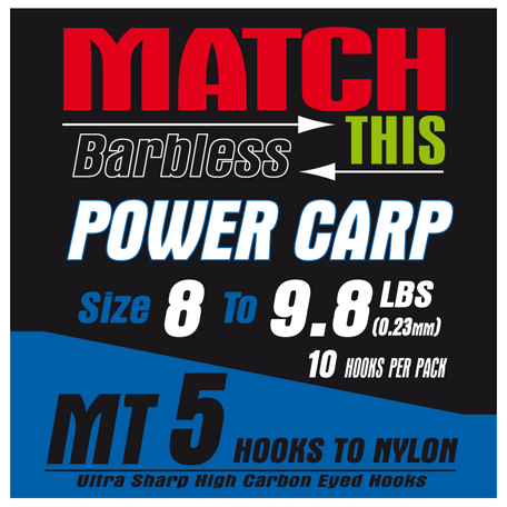 This is the picture of the Maver Match This Power Carp Hooks to nylon. These are available in sizes 8s, 10s and 14s only. They all have 15 inch hook lengths.