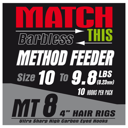 This is the picture of the Maver Match this Method Feeder Hooks to nylon. The hook lengths are 4" long and come complete with a short hair rig attached. Available in sizes 10s, 12s, 14s and 18s. 10 hooks per packet.