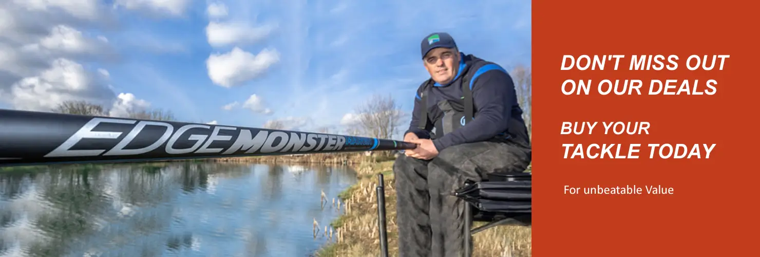A promotional banner displaying a fisherman and advertising fishing tackle.