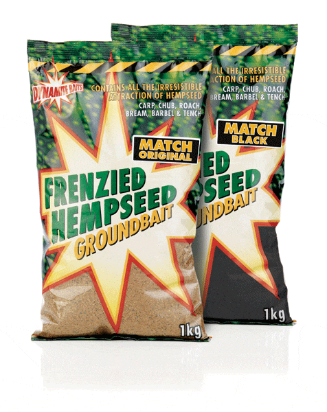 This is a picture of the Dynamite Baits frenzied hempseed match original and match black ground baits.